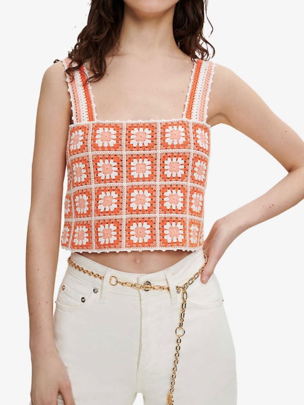 Maje Square Neck Sleeveless Crochet Floral Tank Top Orange and cream - Size 1